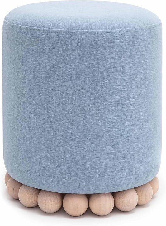 First of a Kind Ottoman Foot Rest - Faded Blue Round Ottoman Stool with Solid Wood Spherical Orbs - 15.7" W x 15.7" D x 18.3" H - Handmade, Easy Clean, 330 lbs Weight Capacity