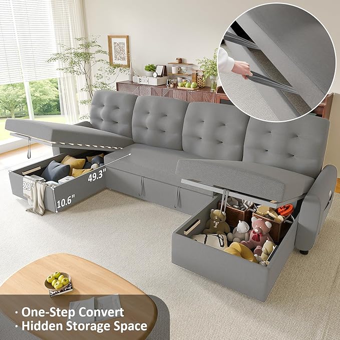 Ucloveria Sleeper Sofa Bed, 112" U Shaped Sectional Sofa Couches for Living Room, Pull Out Couch Bed with Dual Reversible Storage Chaise | Charging Station | Side Pockets | Removable Backrest