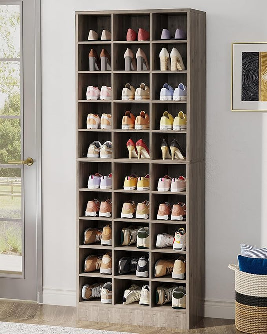 Tribesigns 10-Tier Shoe Storage Cabinet, Gray Wooden Shoe Rack with 30 Cubbies, Freestanding Tall Entryway Shoe Organizer for Closet, Entryway, Living Room