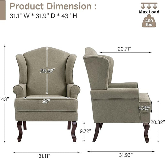Pia Ricco Set of 2 High Back Accent Chairs: Upholstered Fabric Armchairs with Solid Wood Legs - Retro Living Room Pair, Comfy Reading Sofa Seats-Moss Grey