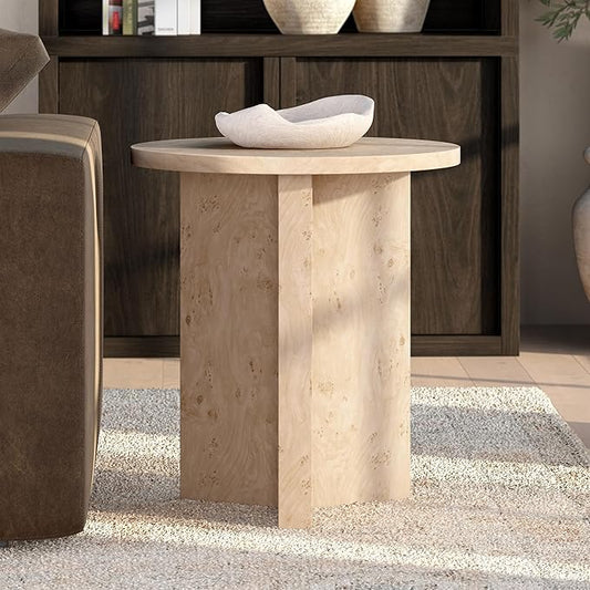 Henn&Hart 20" Scandinavian Round Wooden End Table, Side Table, Nightstand with X-Base for Living Room, Office, Family Room, or Bedroom, Blond Burl