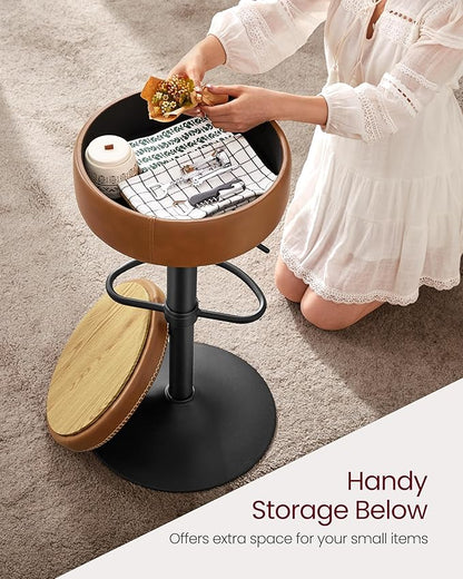 VASAGLE EKHO Collection - 360° Swivel Bar Stool, Height Adjustable Barstool with Storage, Synthetic Leather with Stitching, Mid-Century Modern, Kitchen Bar, Easy Assembly, Caramel Brown