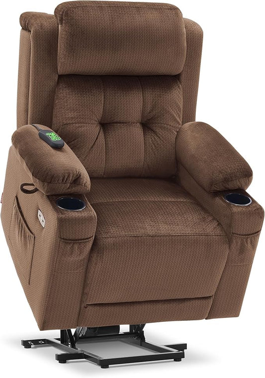 MCombo Medium Triple Motor Power Lift Recliner Chair with Massage and Heat for Elderly People, Adjustable Headrest, Infinite Position, USB Ports, Fabric 7661 (Brown, Medium)
