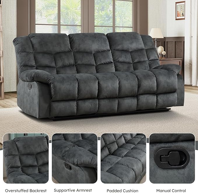 EBELLO Reclining Living Room Set, One Seat Manual Recliner, Loveseat Recliner Sofa and 3PC Bonded Manual Sofa Couch, Grey Green
