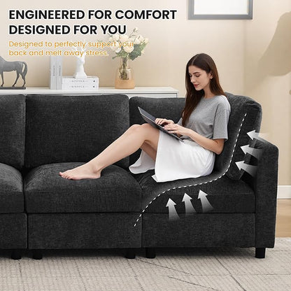 4-Seater Modular Sectional Cloud Sofa, Straight-Line Couches for Living Room, Modern Upholstered Deep Seat Sofa, Chenille Dark Grey