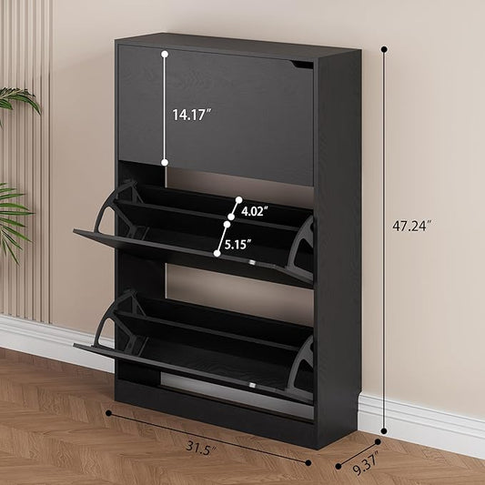 Shoe Storage Cabinet, Wood Shoe Organizer for Entryway with 3 Flip Drawers, Freestanding Shoe Rack with Adjustable Shelf, Narrow Shoe Dresser for Front Door Entrance(Black, 47.2" x 31.5" x 9.25")