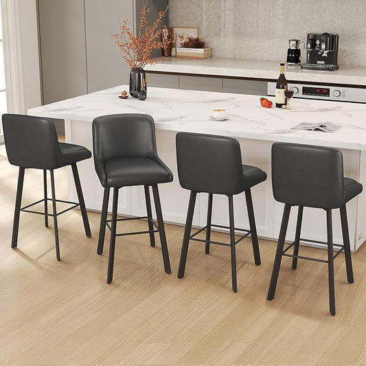 Swivel Bar Stools, 30''H Upholstered Barstools with Backs, Modern Counter Height Bar Stool Chairs for Kitchen Island, Metal Legs (Black- Faux Leather, Set of 4-30" H)