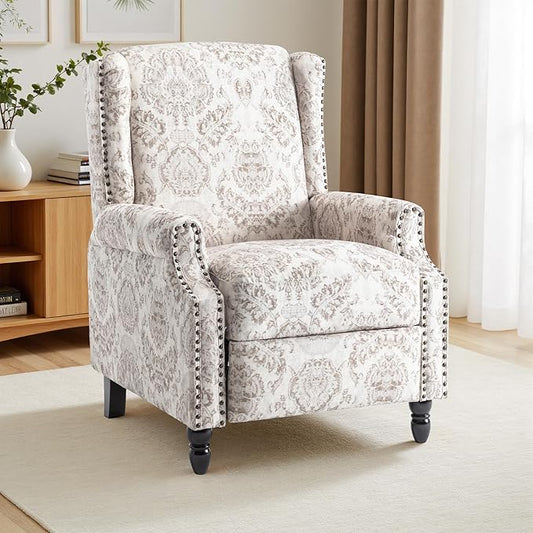 Recliner Chair, Upholstered Wingback Floral Pushback Armchair with Adjustable Backrest & Footrest, Comfy Accent Chair Reading Single Sofa for Small Spaces, Living Room, Bedroom (Beige, Set of 1)