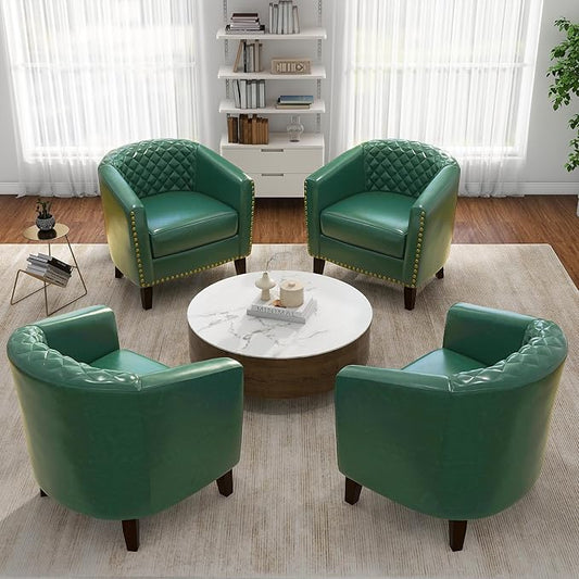 Pia Ricco Faux Leather Barrel Accent Chairs Set of 4, Modern Club Arm Chair Comfy Upholstered Single Sofa Chair with Solid Wood Legs and Nailhead Trim for Living Room/Reading Room, Green