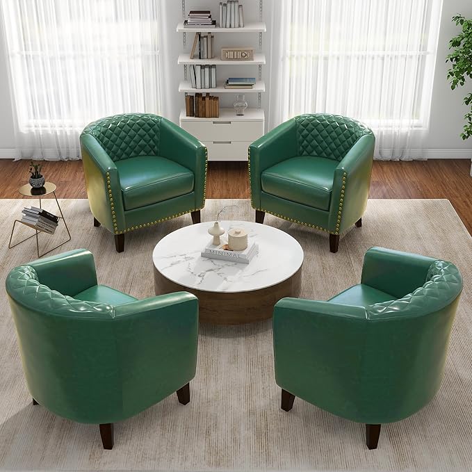 Pia Ricco Faux Leather Barrel Accent Chair, Modern Club Arm Chair Comfy Upholstered Single Sofa Chair with Solid Wood Legs and Nailhead Trim for Living Room/Reading Room (Green)
