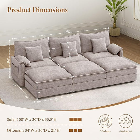 Vesgantti 108" Sectional Sleeper Sofa, 6-Seater Oversized Modular Cloud Couch with Movable Ottoman, Chenille Large Sofa Bed Convertible Deep Seat Couches for Living Room, Bedroom and Apartment, Brown