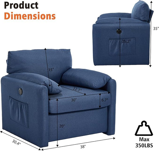 Oversized Accent Chair 38" Wide Mid-Century Modern Armchair for Living Room,USB and Type-C Ports,Comfy Reading Chairs for Bedroom with Side Pockets,Single Sofa Chair (Blue, Set of 1)