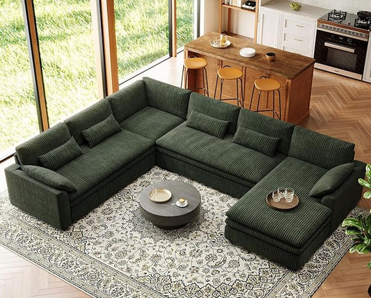 Belffin Large Modular Sectional Sofa with Deep Chaise, Corduroy U Shaped Couch with 9" Soft Dual-Layer 7 Seats Cushion for Living Room, Apartment, Green