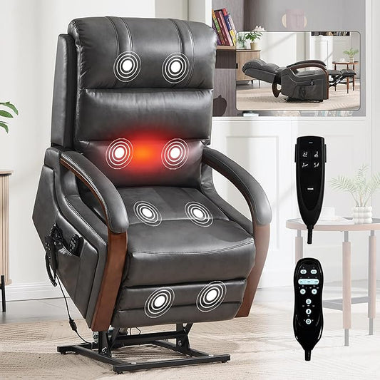 Dual Motor Recliner Lift Chair with Heat and Massage, Heavy Duty Leather Power Lift Recliner Chair Idea Gifts for Seniors, Stand Assistance, Grey