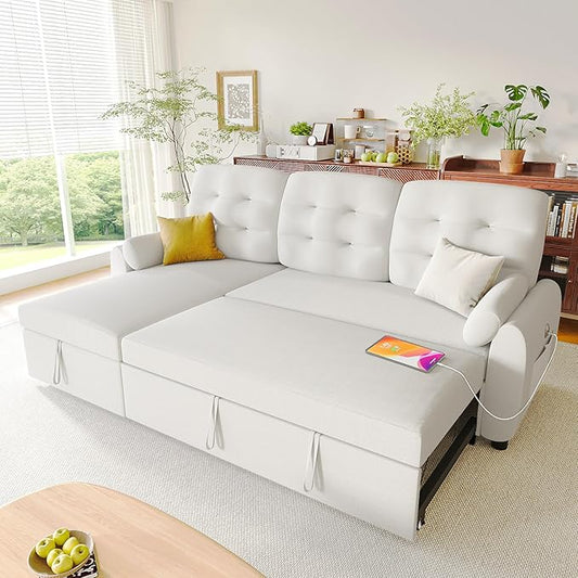 Ucloveria Sleeper Sofa Bed, 86" Convertible Sectional Sofa Couches for Living Room, Pull Out Couch Bed with Reversible Storage Chaise | USB Ports | Side Pockets | Removable Backrest