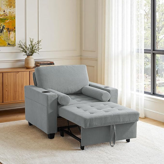Convertible Sleeper Chair Bed, Comfy Corduroy Single Futon Sofa Chair with Pull Out Bed, 3-Levels Adjustable Backrest Accent Chair with Side Pockets, Cup Holder & USB Ports for Living Room, Bedroom
