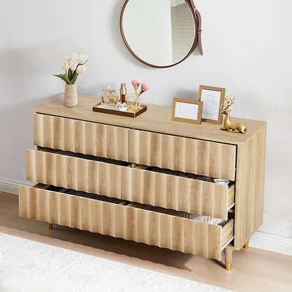 Fluted 6 Drawer Dresser, 53" Wide Modern Storage Chest of Drawers, Wood Drawer Organizer for Bedroom, Living Room, Hallway