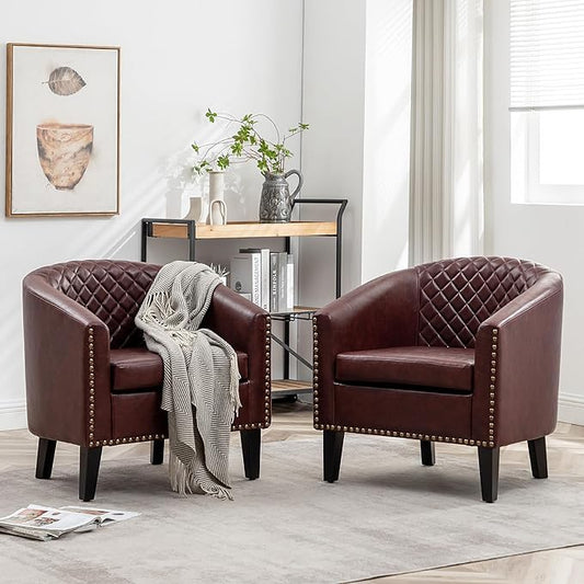 KINWELL 29" W Faux Leather Barrel Chairs Set of 2, Modern PU Upholstered Tufted Club Chairs with Nailhead Trim, Small Armchairs Accent Chairs for Living Room Bedroom Apartment Lounge Nursery, Red