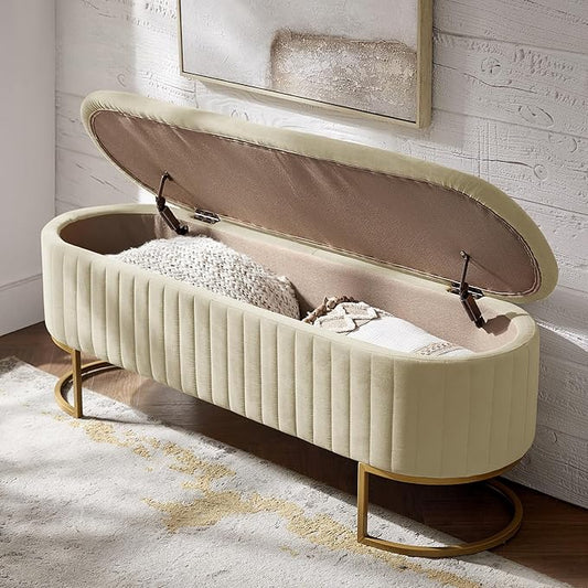 EcoHarbor Living 50.5" Storage Bench Hallway Ottoman,Upholstered End of Bed Bench Velvet with Gold Legs,Flipping Lid Entryway Footrest