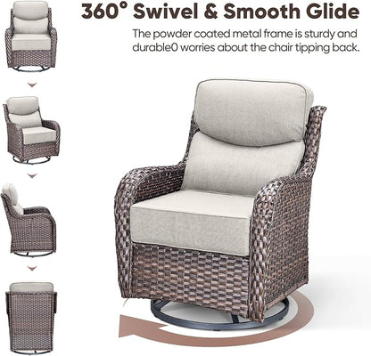 Swivel Patio Chairs sofa Set of 5 with 6" Thick Cushion - Wicker Outdoor Swivel Rocker Patio Chair with Side Table, High Back Comfortable Outdoor Glider Chairs - Brown Wicker | Beige Cushions
