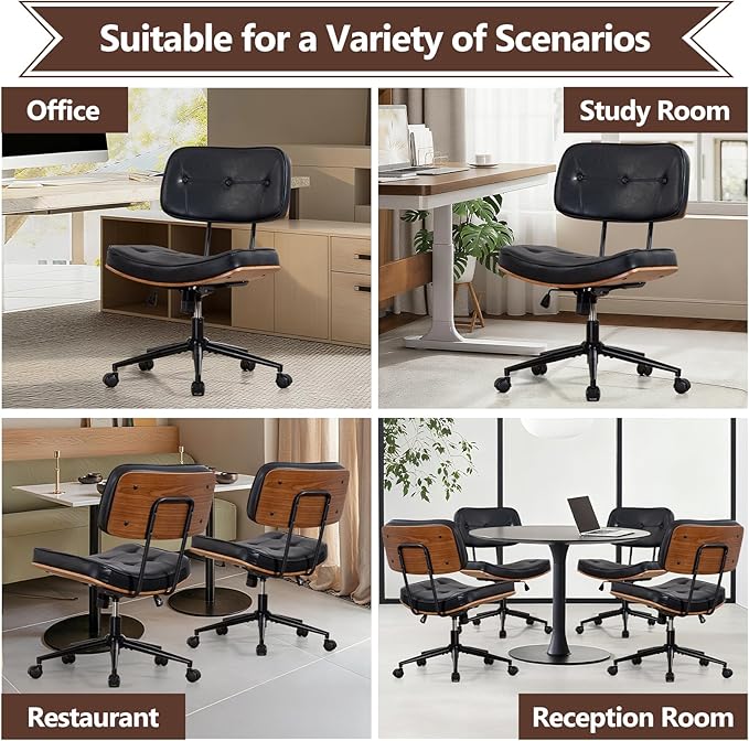 Armless Computer Chair, Small Desk Chair with Wheels and Adjustable Height, PU Leather Modern Swivel Walnut Task Chair for Home Office, Study, Library (Armle, Black)