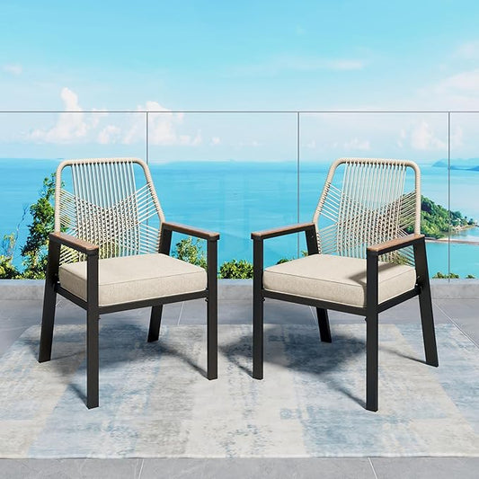 Patio Dining Chairs Set of 2, Heavy-Duty Woven Rope Outdoor Chairs with Waterproof Cushion and Wrought Iron Frame, All-Weather Outside Seating for Kitchen Garden Deck Backyard