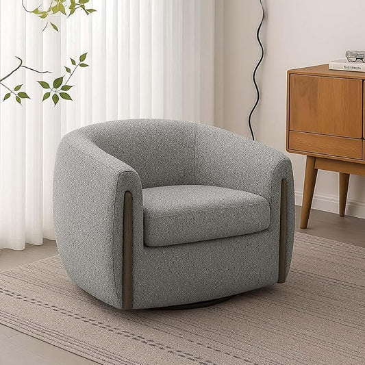 CHERS Aspen Swivel Accent Chair with Wood Accents, Bouclé Upholstered Armchair for Living Room, 360° Swivel Barrel Chair with High-Density Cozy Foam Cushioning, Modern Design, Gray
