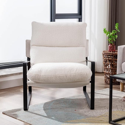 DUOMAY Modern White Sherpa Accent Chair, Comfy Lounge Lazy Chair with Metal Leg, Mid-Century Corner Arm Chair for Living Room Bedroom Office Apartment
