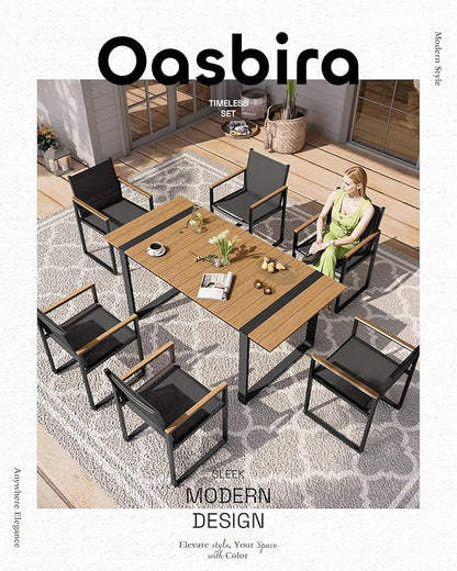 Outdoor Dining Set, Patio Table and Chairs Set, 7 Piece HDPS + Aluminum Patio Furniture Set with Umbrella Hole, Patio Dining Table Set (Gray-Teak)
