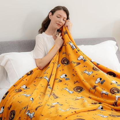 Berkshire Blanket Peanuts® VelvetLoft® Cute Character Snoopy Plush Blanket,Snoopy and Woodstock Fall Birds & Leafs Orange,King 90 in x 108 in (Official Peanuts® Product)