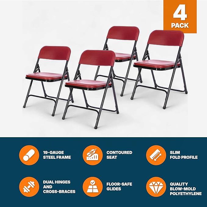 OEF Furnishings OEF800 Series Premium Heavy-Duty Plastic Folding Chairs, Lightweight, Durable Seating for Indoor and Outdoor Use, 500 lb Capacity (4-Pack, Red Plastic with Black Frame)