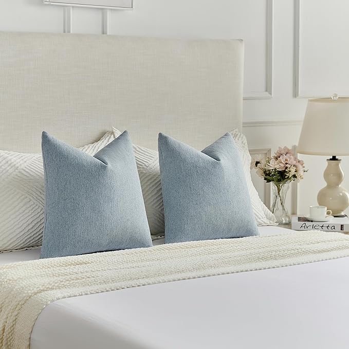 FUTEI Denim Blue Chenille Decorative Throw Pillow Covers 22x22 Inch Set of 2,Soft Cozy Faux Linen Textured Cushion Case,Farmhouse Home Decor for Couch Living Room