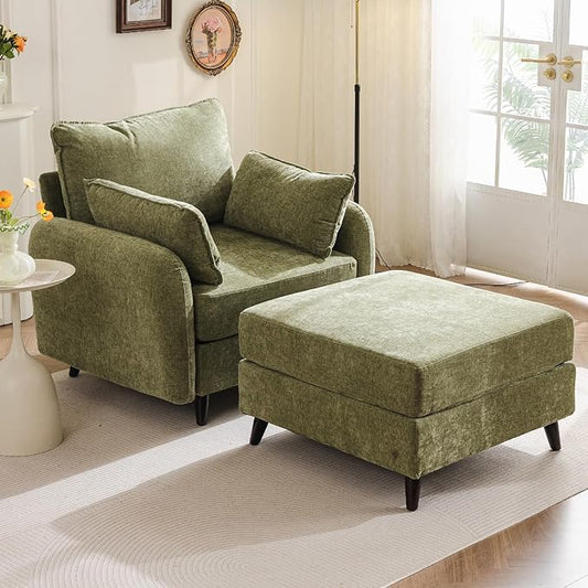 Oversized Accent Chair with Ottoman,All Seats Storage,Comfy Armchair,24.5'' Deep Seat,Upholstered Living Room Chairs,Reading Chair,Lounge Chair for Bedroom,Office,Chenille,Green