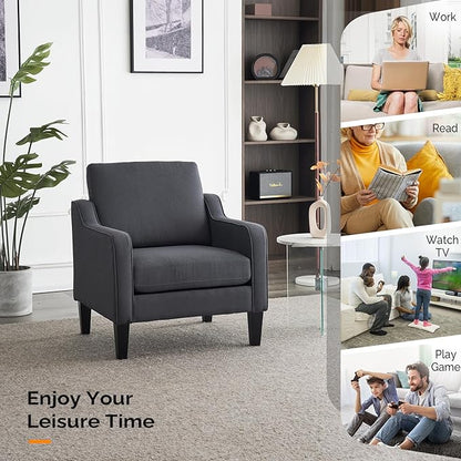 VINGLI Mid-Century Modern Accent Chair, Dark Grey Linen Upholstered, Comfortable & Supportive, 380lbs Weight Limit, Perfect for Living Room, Bedroom, Office