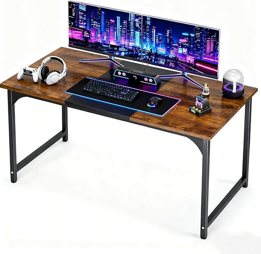 55inch Computer Desk with Deeper Carbon Fiber Desktop, Gaming Office Desk with Sturdy Metal Frame,Home Office Desk for Gaming, Working, Studying, Rustic Brown