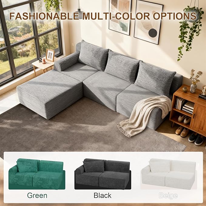 JSLOVE Modular L-Shape Sectional Sofa with Chaise, 3 Seat Movable Boneless Cloud Couch in One Box, Sofa Couch Bed with Ultra-Soft Corduroy Fabric, No Assembly Required for Living Room, Bedroom(Grey)