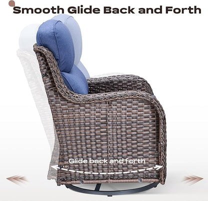 Rilyson Wicker Outdoor Patio Furniture Set - 5 Piece Patio Conversation Sets with Swivel Rocker Chairs, Ottomans and Side Table, 6 inch Cushions, Waterproof Wicker, for Porch Deck Brown/Blue