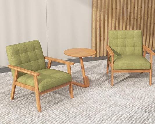 Modern Accent Chair with Wooden Table, Upholstered Linen Fabric Leisure Side Chair with Arm Rest and Wooden Frame for Living Room, Bedroom Reading (Green)
