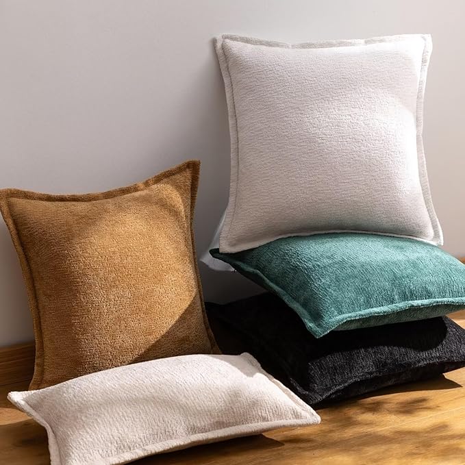 Cream White Decorative Throw Pillow Covers 18x18 Inch Set of 2 Cozy Soild Chenille Cushion Cases Soft Textured Square Couch Pillows Cover Boho Accent Farmhouse Pillowcases for Sofa Bed