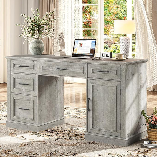 Farmhouse 59'' Executive Desk with Charging Station,Office Desks Computer Desk with 5 Drawers, Wood Workstation for Home Office and Study, File Drawers and Storage Cabinet, Grey