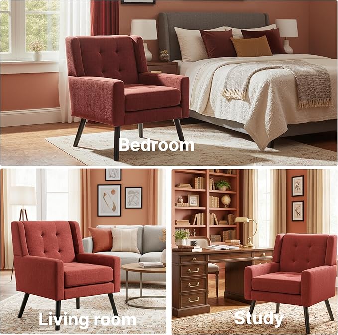 Mid-Century Modern Accent Chair, Plush Linen Fabric with Button Tufted High Back & 5" Thick Cushion, High Comfort Reading Chair for Living Room, Bedroom, Office (Red)