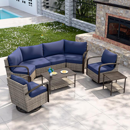 COOS BAY Aurora Terrace Half-Moon Outdoor Furniture Set, Rattan Conversation Set with Swivel Rockers, Curved 4-Seat Sofa, Coffee Table & Side Table, Seats 6, Beige/Blue