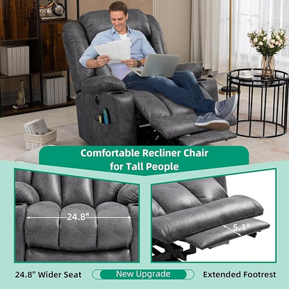 VIVIJASON Tall Man Large Power Lift Recliner Chair with Massage and Heat for Elderly, Overstuffed Wide Electric Lift Recliner with Extended Footrest, 2 Cup Holder, Side Pockets & USB Ports (Grey)
