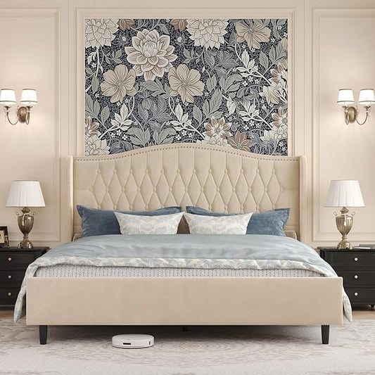 Belffin King Bed Frame and Headboard, Luxury Upholstered Velvet Platform Bed with Wingback, Button Tufted & Nailhead Trim, Anti-Slide Tall Footboard, No Box Spring Needed, Noise-Free, Beige