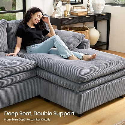 Belffin Large Modular Sectional Sofa with Deep Chaise, Corduroy U Shaped Couch with 9" Soft Dual-Layer 7 Seats Cushion for Living Room, Apartment, Light Grey