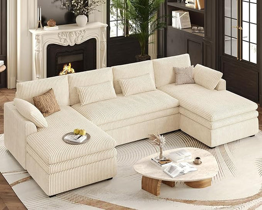 Belffin Large Modular Sectional Sofa with Double Deep Chaise, 135" Corduroy U Shaped Sectional Couch with 9" Soft Dual-Layer 6 Seats U Shaped Couch for Living Room, Apartment, Beige