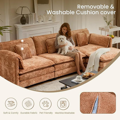 112" Modular Sectional Sofa with Movable Ottoman, L Shaped Couches for Living Room, 3 Seater Comfy Cloud Couch with Removable Cover, Armrest Pillow (Orange)