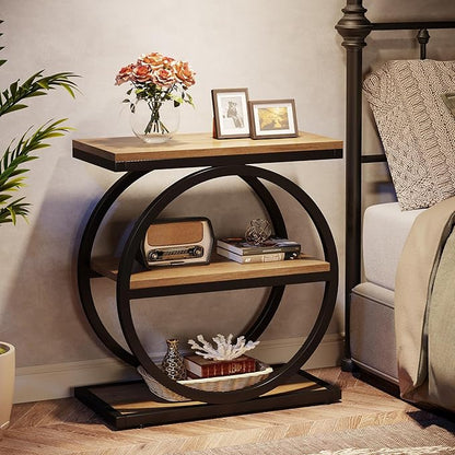 Tribesigns Side End Table with 3 Storage Shelves, Industrial Sofa Table with Round Metal Frame for Living Room, Engineered Wood Nightstand for Bedroom, Oak
