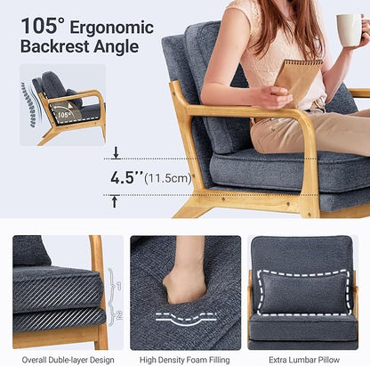Modern Accent Chair with Lumbar Pillow, Relaxing Mid Century Chair Armchair with Solid Wood Frame & Soft Cushion, Reading Leisure Armchair for Living Room, Blue