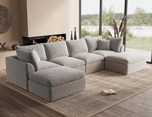 Oversized Cloud Sectional Couches for Living Room, Boneless U Shaped Couch with Ottoman, 4 Seater Modular Sectional Sofa, Light Grey